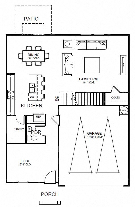 a floor plan of a house with a porch and a small kitchen